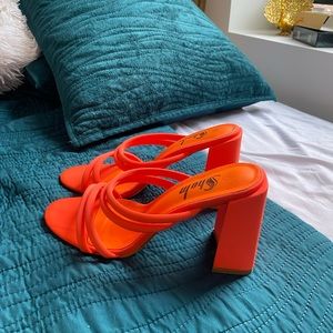 Orange Strappy Block Heel Mules